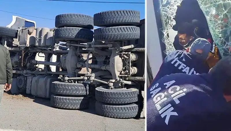 Kamyon Virajı Alamayınca Dehşet Anları: Yan Yatan Araç Trafiği Felç Etti